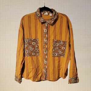 Boho 2000s Roxy Small Linen Blend Button-Up Blouse Striped Floral Accents Sml.